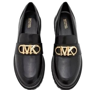 MICHAEL Michael Kors Black Leather Parker Lug Sole Loafers with Gold Accent 8.5.